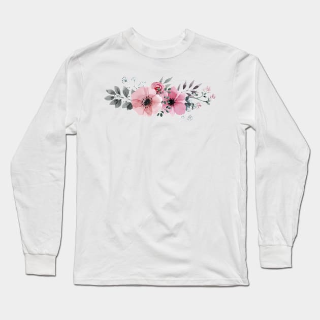 Bouquet of pretty pink flowers and greenery in watercolor Long Sleeve T-Shirt by ZenNature